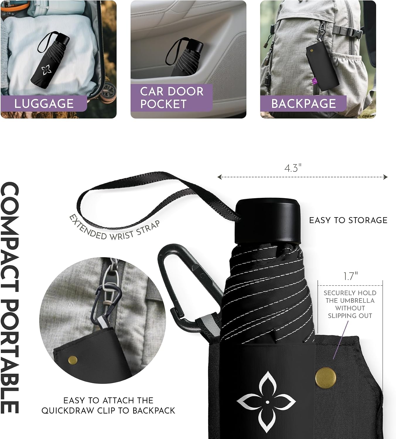 Windproof Travel Mini Umbrella - Small Compact and Portable for Rain & Sun, Manual Open Close with No Rebound for Seniors & Kids, Reflective Design for Night Safety Men & Women