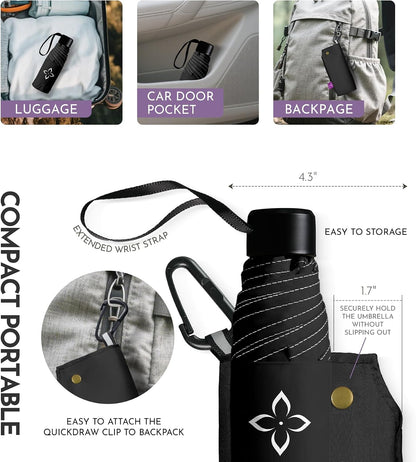 Windproof Travel Mini Umbrella - Small Compact and Portable for Rain & Sun, Manual Open Close with No Rebound for Seniors & Kids, Reflective Design for Night Safety Men & Women