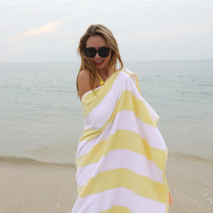 CLOWOOD Plush Oversized Beach Towel - Cotton 40 x 70 Inch Large Thick Yellow Striped Cabana Pool Swimming Towel
