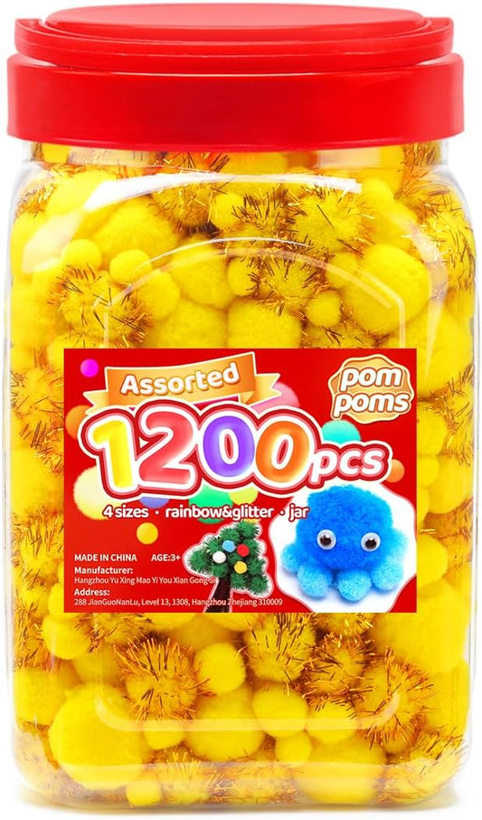 Yellow Pom Poms, 1200pcs Assorted Size Pompoms,Pom Poms for Arts and Crafts, Pom Pom Balls with Wiggle Eyes in jar, Glitter Pom Poms, Craft Supplies.
