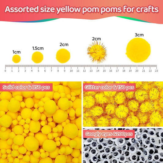 Yellow Pom Poms, 1200pcs Assorted Size Pompoms,Pom Poms for Arts and Crafts, Pom Pom Balls with Wiggle Eyes in jar, Glitter Pom Poms, Craft Supplies.