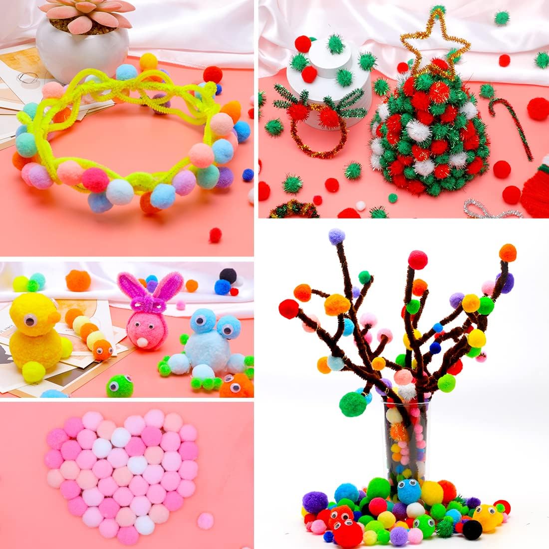 Yellow Pom Poms, 1200pcs Assorted Size Pompoms,Pom Poms for Arts and Crafts, Pom Pom Balls with Wiggle Eyes in jar, Glitter Pom Poms, Craft Supplies.