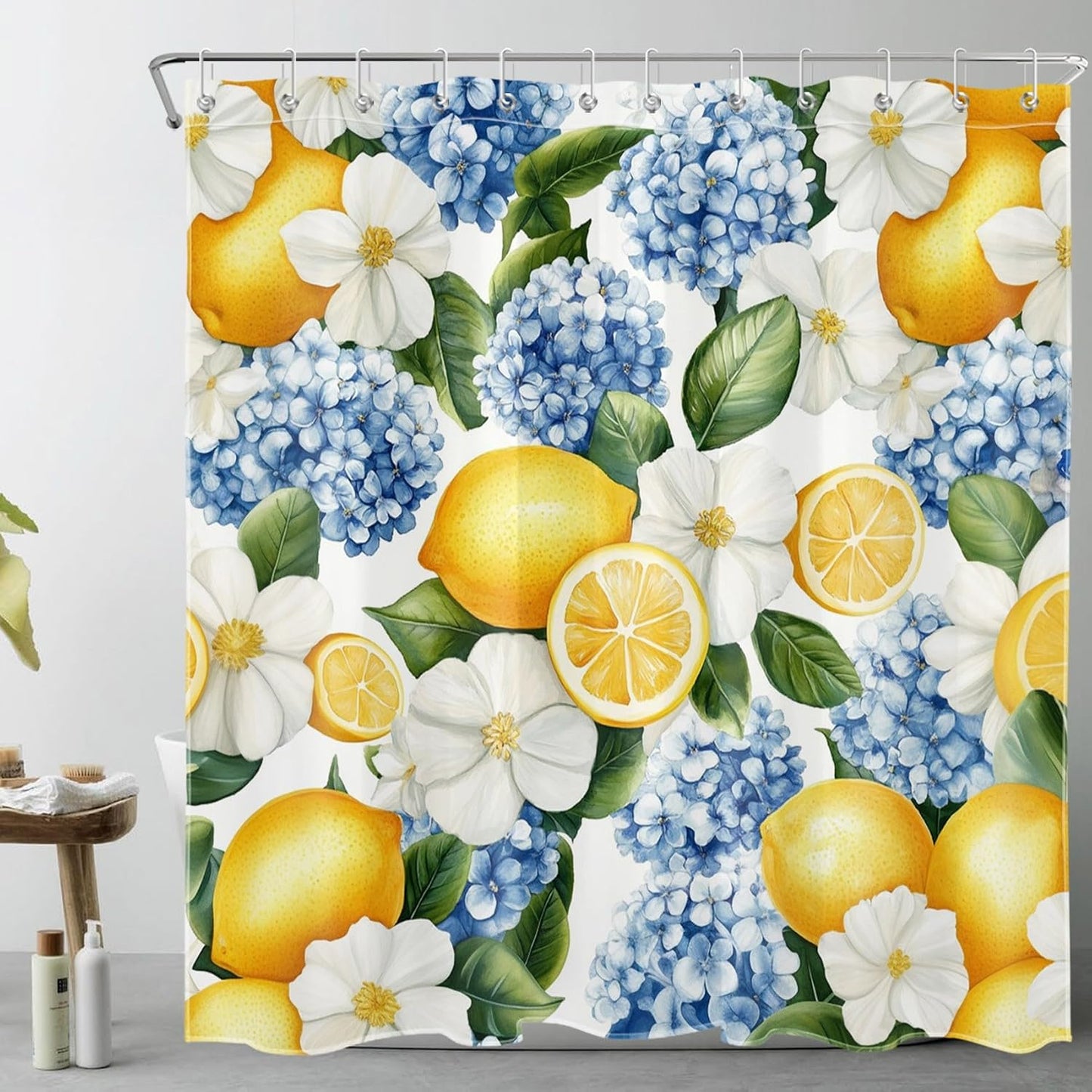 Yellow Lemon Shower Curtain- Summer Fruit Blue Hydrangea White Rustic Flower Green Leaf Shower Curtains for Bathroom- Decorative Washable Waterproof Fabric with 12pcs Hooks,72x72 inches
