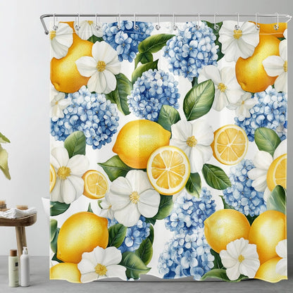 Yellow Lemon Shower Curtain- Summer Fruit Blue Hydrangea White Rustic Flower Green Leaf Shower Curtains for Bathroom- Decorative Washable Waterproof Fabric with 12pcs Hooks,72x72 inches