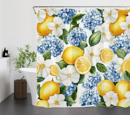 Yellow Lemon Shower Curtain- Summer Fruit Blue Hydrangea White Rustic Flower Green Leaf Shower Curtains for Bathroom- Decorative Washable Waterproof Fabric with 12pcs Hooks,72x72 inches
