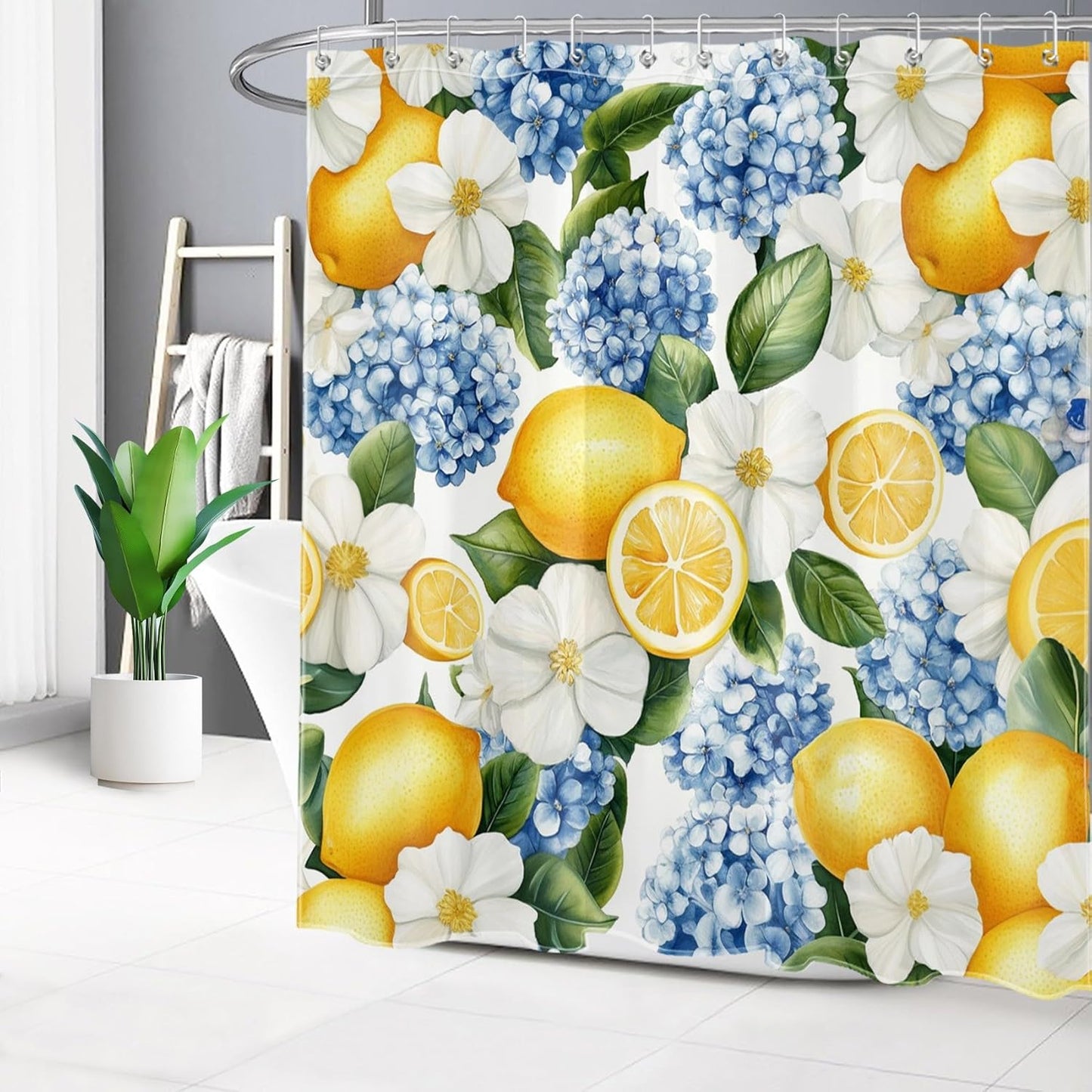 Yellow Lemon Shower Curtain- Summer Fruit Blue Hydrangea White Rustic Flower Green Leaf Shower Curtains for Bathroom- Decorative Washable Waterproof Fabric with 12pcs Hooks,72x72 inches