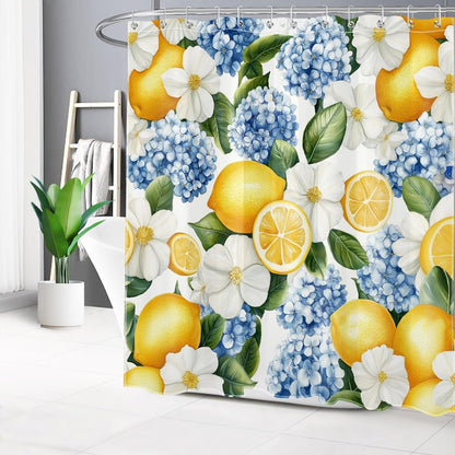 Yellow Lemon Shower Curtain- Summer Fruit Blue Hydrangea White Rustic Flower Green Leaf Shower Curtains for Bathroom- Decorative Washable Waterproof Fabric with 12pcs Hooks,72x72 inches