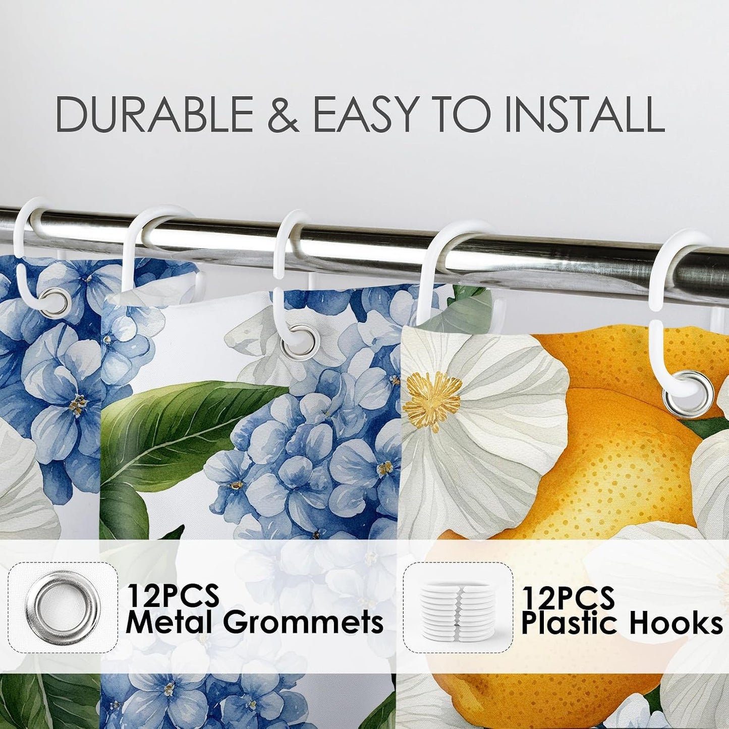 Yellow Lemon Shower Curtain- Summer Fruit Blue Hydrangea White Rustic Flower Green Leaf Shower Curtains for Bathroom- Decorative Washable Waterproof Fabric with 12pcs Hooks,72x72 inches