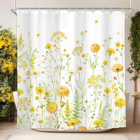 Floral Shower Curtain Yellow Blooming Daisy Spring Watercolor Wildflower 72Wx72H Inch Botanical Plants Farmhouse Country Natural Modern Waterproof Polyester Fabric Bathroom Bathtub