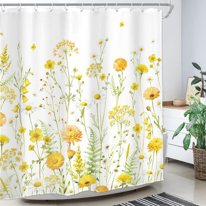 Floral Shower Curtain Yellow Blooming Daisy Spring Watercolor Wildflower 72Wx72H Inch Botanical Plants Farmhouse Country Natural Modern Waterproof Polyester Fabric Bathroom Bathtub