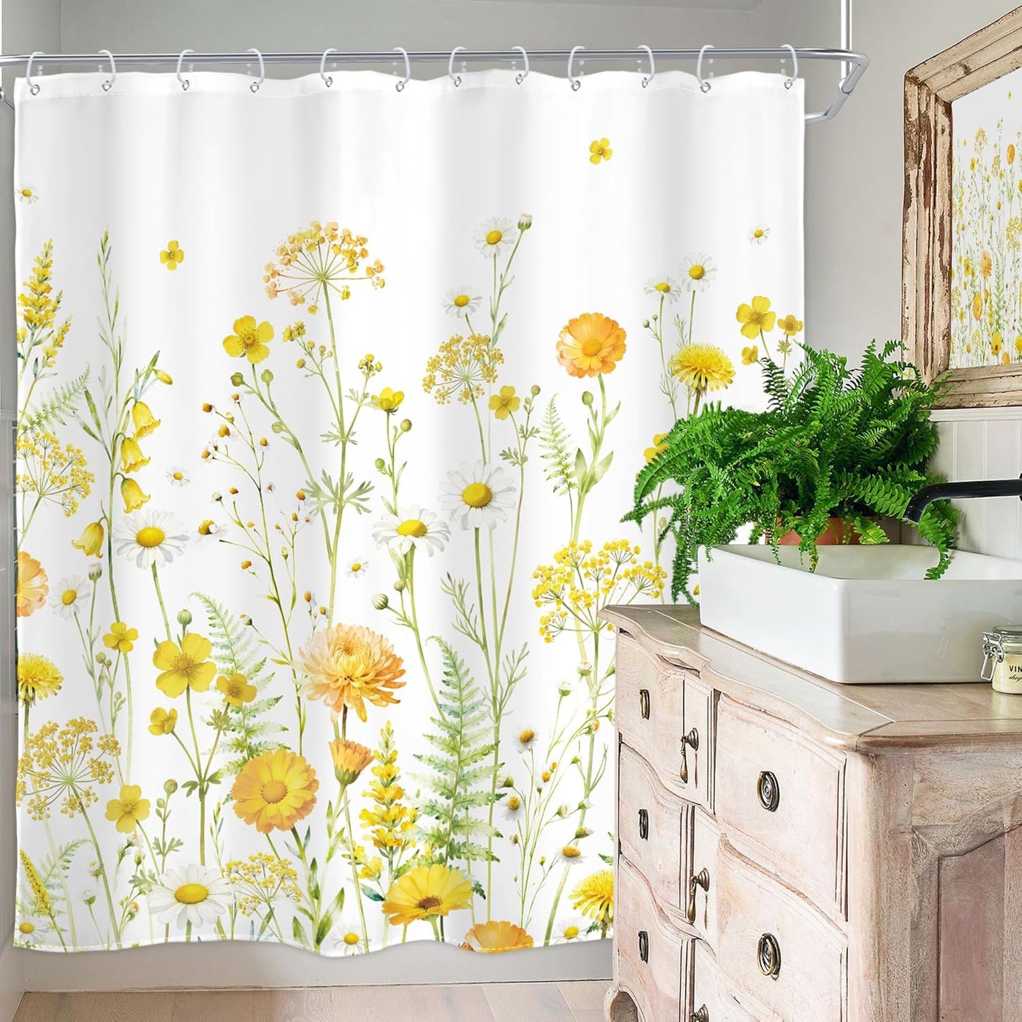 Floral Shower Curtain Yellow Blooming Daisy Spring Watercolor Wildflower 72Wx72H Inch Botanical Plants Farmhouse Country Natural Modern Waterproof Polyester Fabric Bathroom Bathtub