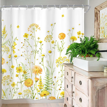 Floral Shower Curtain Yellow Blooming Daisy Spring Watercolor Wildflower 72Wx72H Inch Botanical Plants Farmhouse Country Natural Modern Waterproof Polyester Fabric Bathroom Bathtub