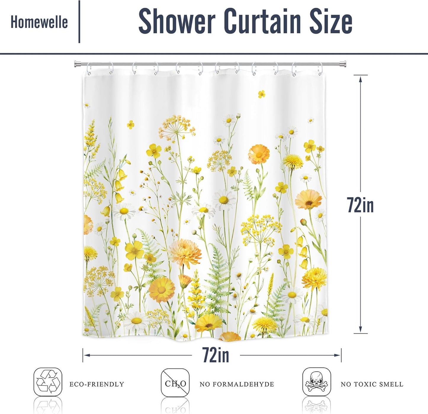 Floral Shower Curtain Yellow Blooming Daisy Spring Watercolor Wildflower 72Wx72H Inch Botanical Plants Farmhouse Country Natural Modern Waterproof Polyester Fabric Bathroom Bathtub