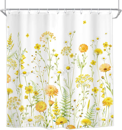 Floral Shower Curtain Yellow Blooming Daisy Spring Watercolor Wildflower 72Wx72H Inch Botanical Plants Farmhouse Country Natural Modern Waterproof Polyester Fabric Bathroom Bathtub