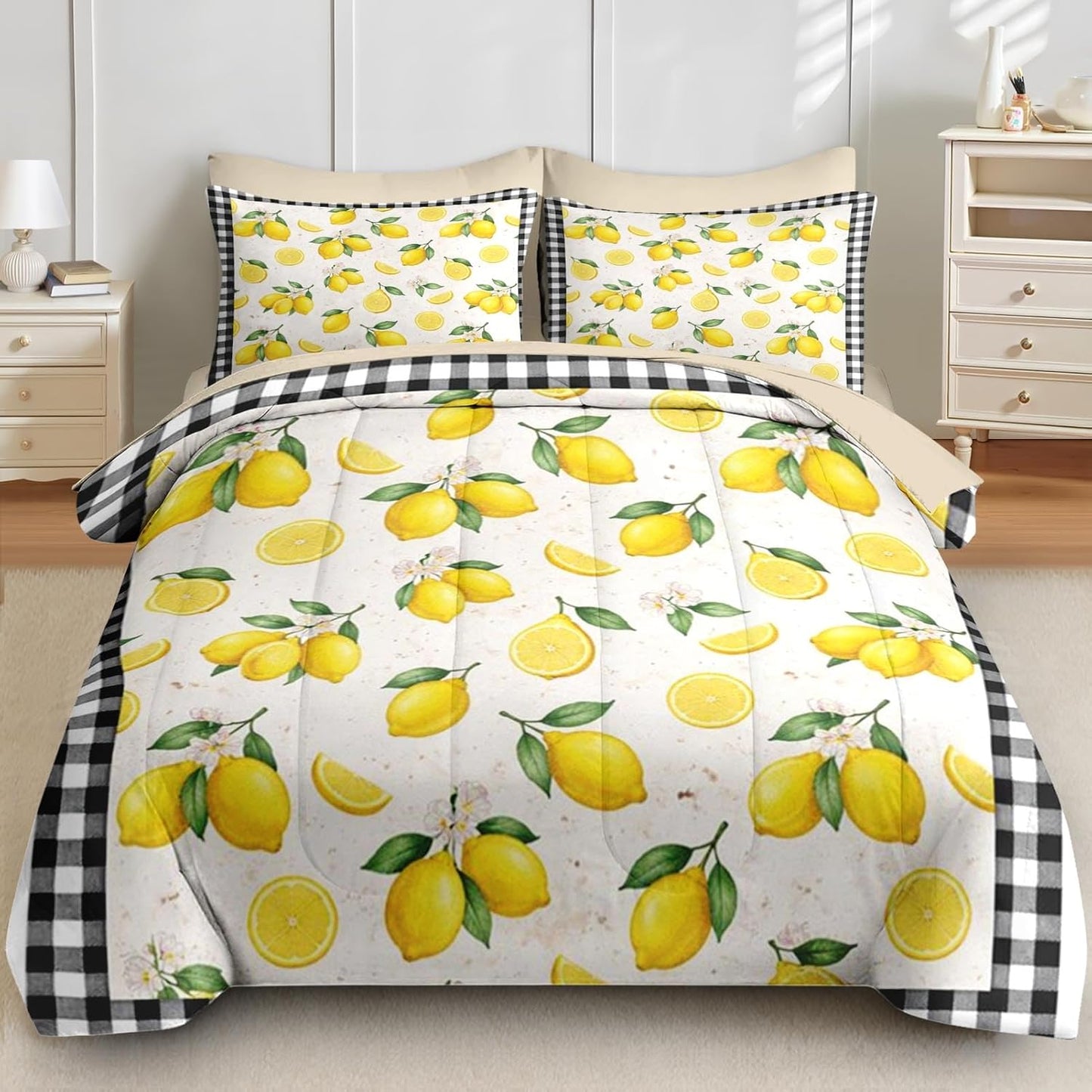 7 Pcs Comforter Set Full Size, Lemon Farmhouse Checkered Bedding for Kids and Adults, Yellow Summer Bed Sheet Sets with Fitted Sheet 2 Pillowcases & 2 Shams for Bedroom Bed Decor