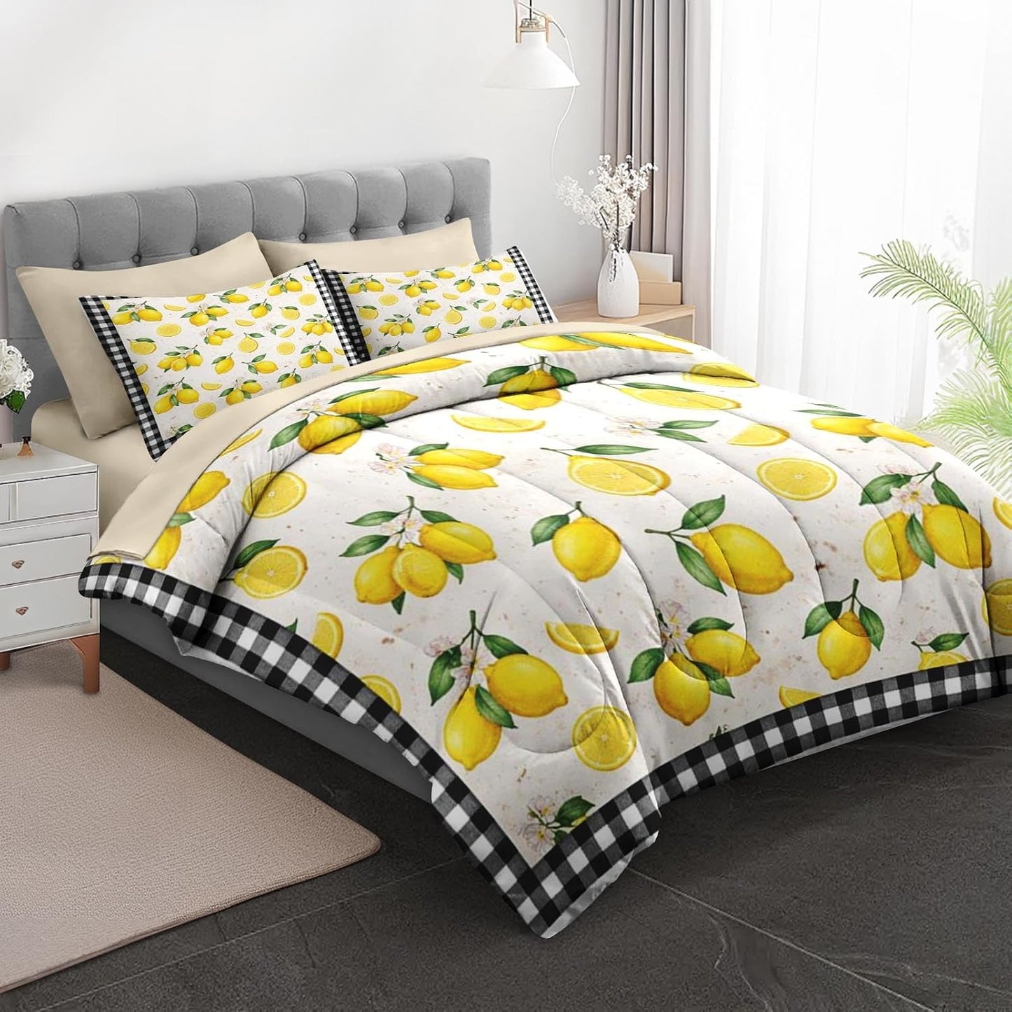 7 Pcs Comforter Set Full Size, Lemon Farmhouse Checkered Bedding for Kids and Adults, Yellow Summer Bed Sheet Sets with Fitted Sheet 2 Pillowcases & 2 Shams for Bedroom Bed Decor