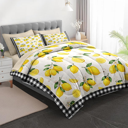 7 Pcs Comforter Set Full Size, Lemon Farmhouse Checkered Bedding for Kids and Adults, Yellow Summer Bed Sheet Sets with Fitted Sheet 2 Pillowcases & 2 Shams for Bedroom Bed Decor