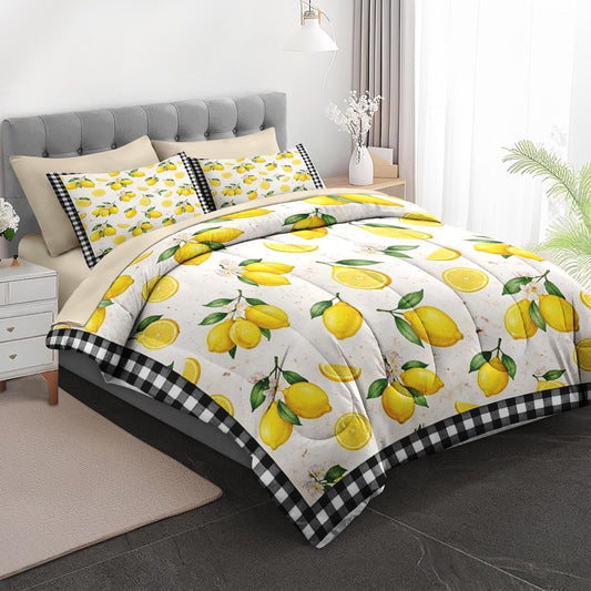 7 Pcs Comforter Set Full Size, Lemon Farmhouse Checkered Bedding for Kids and Adults, Yellow Summer Bed Sheet Sets with Fitted Sheet 2 Pillowcases & 2 Shams for Bedroom Bed Decor