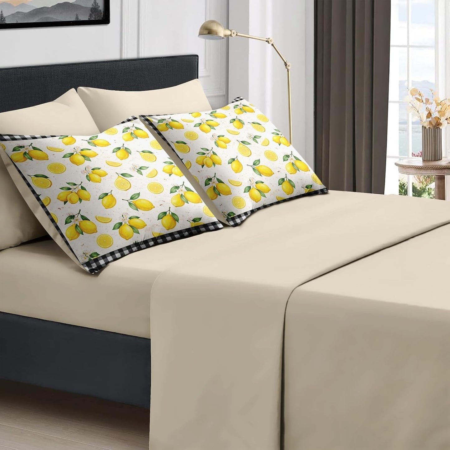 7 Pcs Comforter Set Full Size, Lemon Farmhouse Checkered Bedding for Kids and Adults, Yellow Summer Bed Sheet Sets with Fitted Sheet 2 Pillowcases & 2 Shams for Bedroom Bed Decor