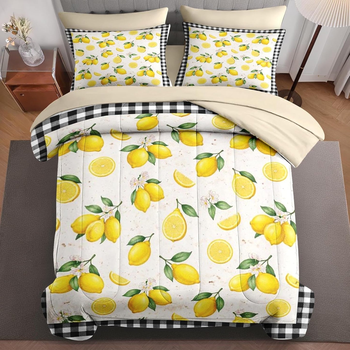 7 Pcs Comforter Set Full Size, Lemon Farmhouse Checkered Bedding for Kids and Adults, Yellow Summer Bed Sheet Sets with Fitted Sheet 2 Pillowcases & 2 Shams for Bedroom Bed Decor