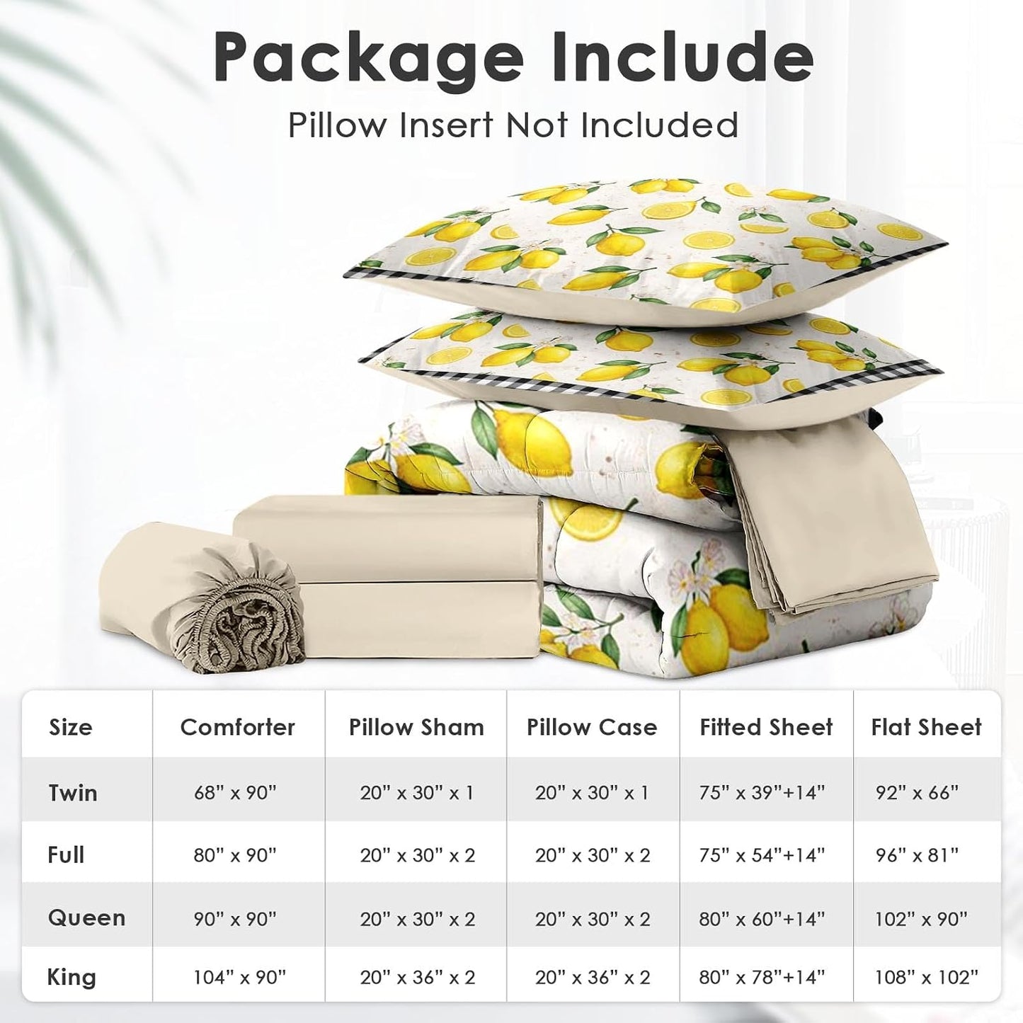 7 Pcs Comforter Set Full Size, Lemon Farmhouse Checkered Bedding for Kids and Adults, Yellow Summer Bed Sheet Sets with Fitted Sheet 2 Pillowcases & 2 Shams for Bedroom Bed Decor