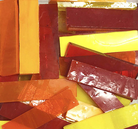 72 Pieces Assorted Stained Glass Mosaic Tile Rectangular 0.4x1.6 inch and Colors Glass Pieces for DIY Crafts, Plates, Picture Frames, Flowerpots, Handmade Jewelry and More - Red Yellow