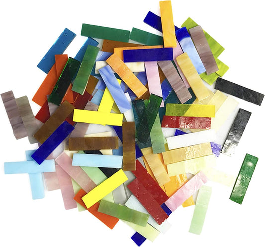 72 Pieces Assorted Stained Glass Mosaic Tile Rectangular 0.4x1.6 inch and Colors Glass Pieces for DIY Crafts, Plates, Picture Frames, Flowerpots, Handmade Jewelry and More - Red Yellow