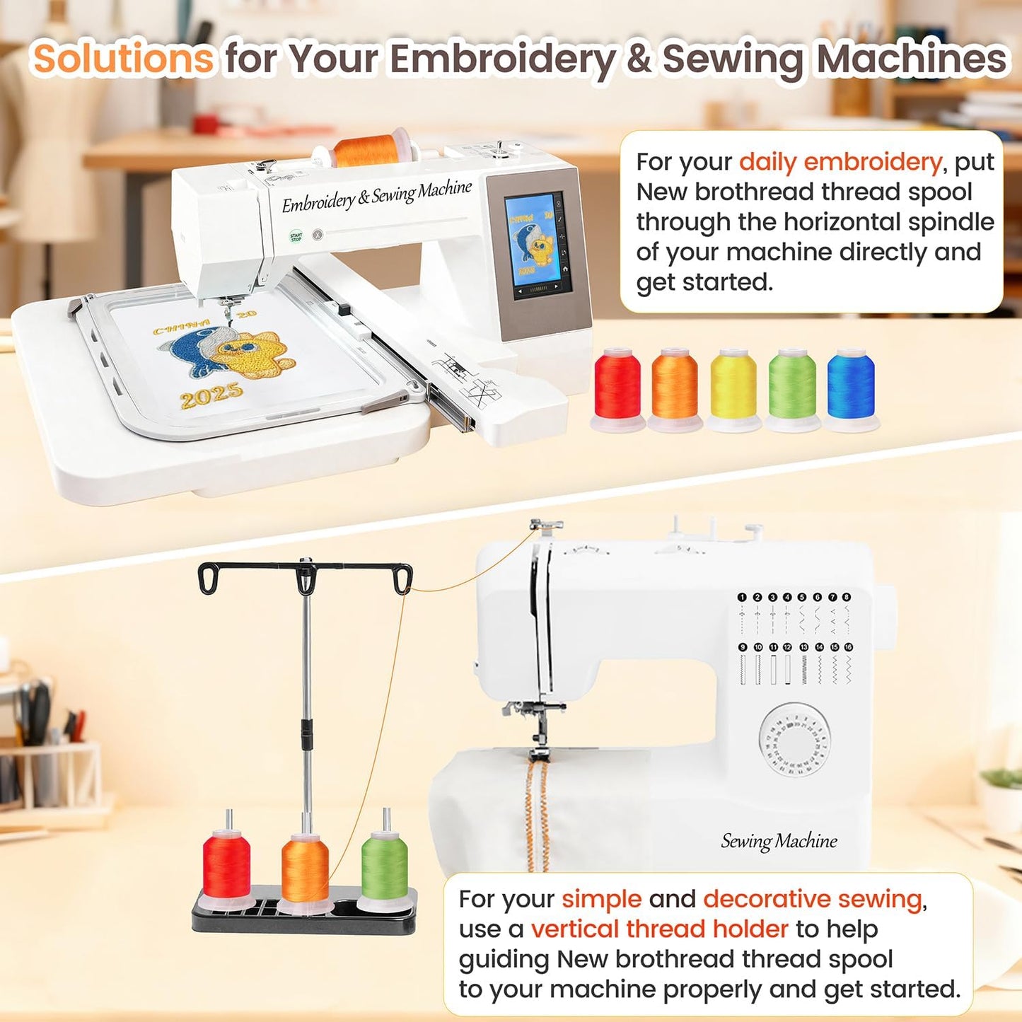 40 Colors Polyester Embroidery Machine Thread Kit | Colors Compatible with Brother, 40WT, 500M/550Y spool, Compatible with Brother Babylock Janome Singer Pfaff Bernina Machines