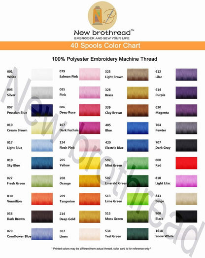40 Colors Polyester Embroidery Machine Thread Kit | Colors Compatible with Brother, 40WT, 500M/550Y spool, Compatible with Brother Babylock Janome Singer Pfaff Bernina Machines