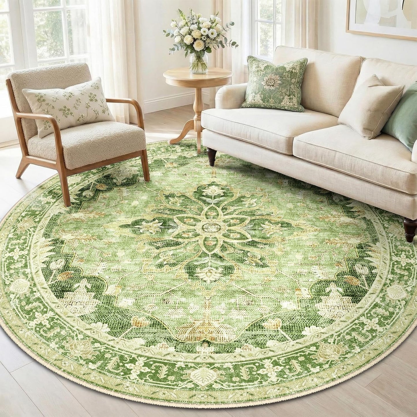 Area Rugs Round 6ft Washable Non-Slip, Floral Vintage Distress Medallion Carpet for Living Room Bedroom Dining Room, Sage Green Yellow