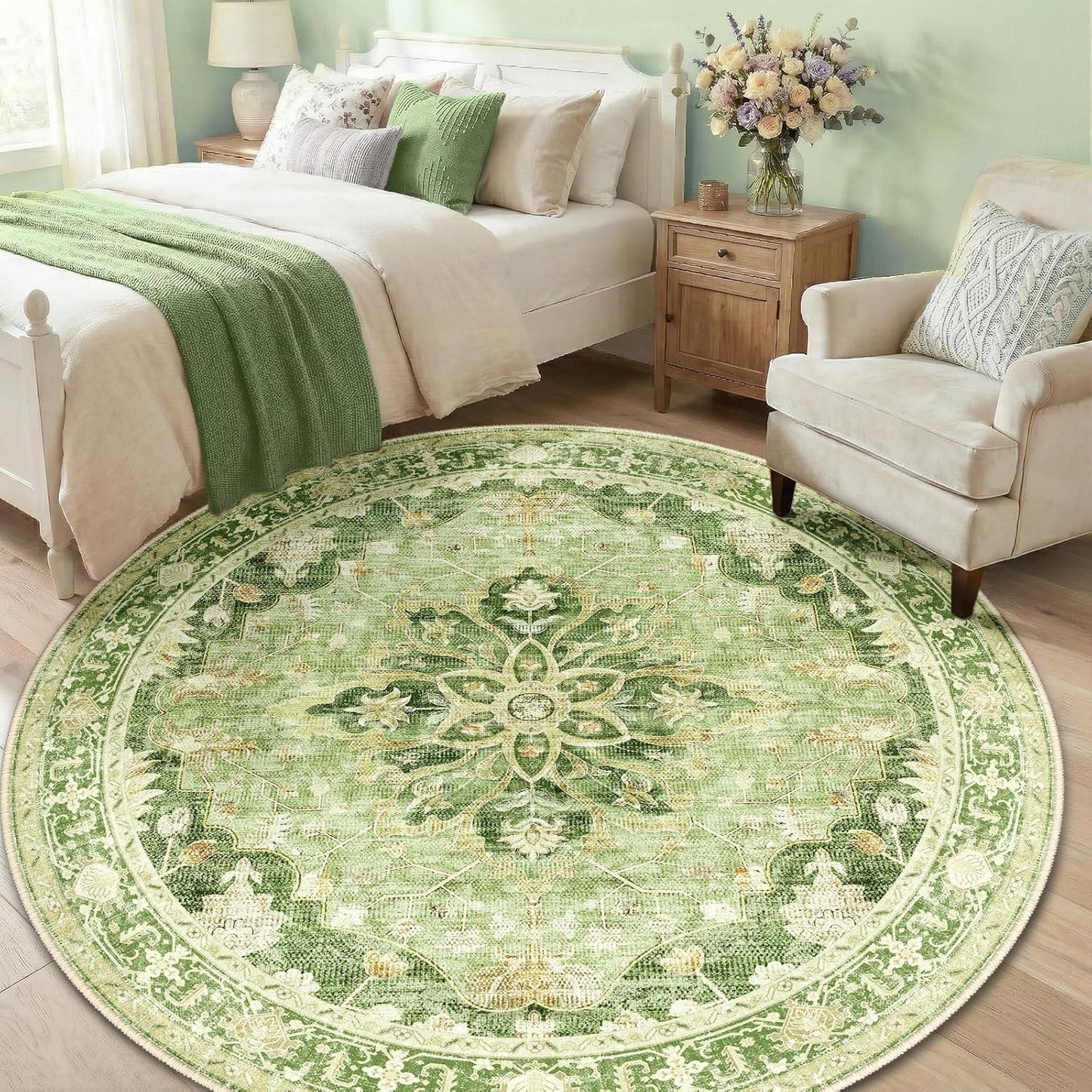 Area Rugs Round 6ft Washable Non-Slip, Floral Vintage Distress Medallion Carpet for Living Room Bedroom Dining Room, Sage Green Yellow