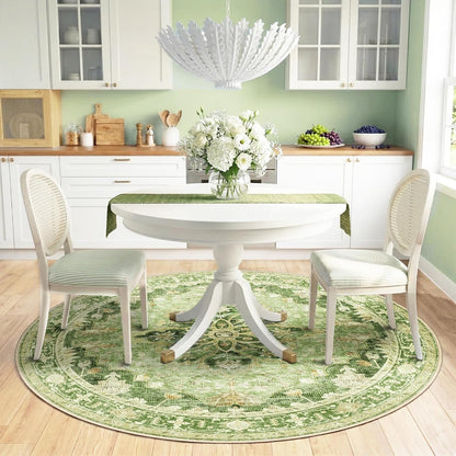 Area Rugs Round 6ft Washable Non-Slip, Floral Vintage Distress Medallion Carpet for Living Room Bedroom Dining Room, Sage Green Yellow