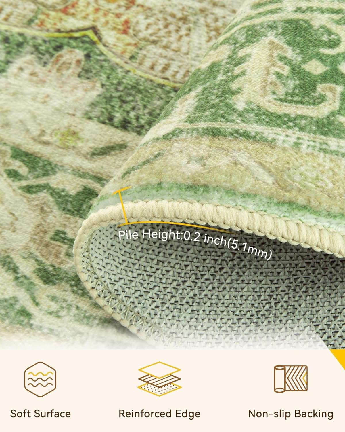 Area Rugs Round 6ft Washable Non-Slip, Floral Vintage Distress Medallion Carpet for Living Room Bedroom Dining Room, Sage Green Yellow