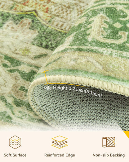 Area Rugs Round 6ft Washable Non-Slip, Floral Vintage Distress Medallion Carpet for Living Room Bedroom Dining Room, Sage Green Yellow