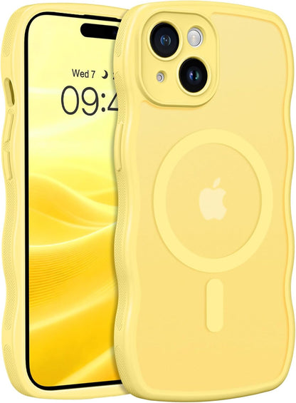 Compatible with iPhone 15 Case, [Compatible with Magsafe] Non-Slip Easier Grip Curly Wavy Frame Design Shockproof Protective Bumper Cute Magnetic Phone Cover for iPhone 15 6.1", Lemon Yellow