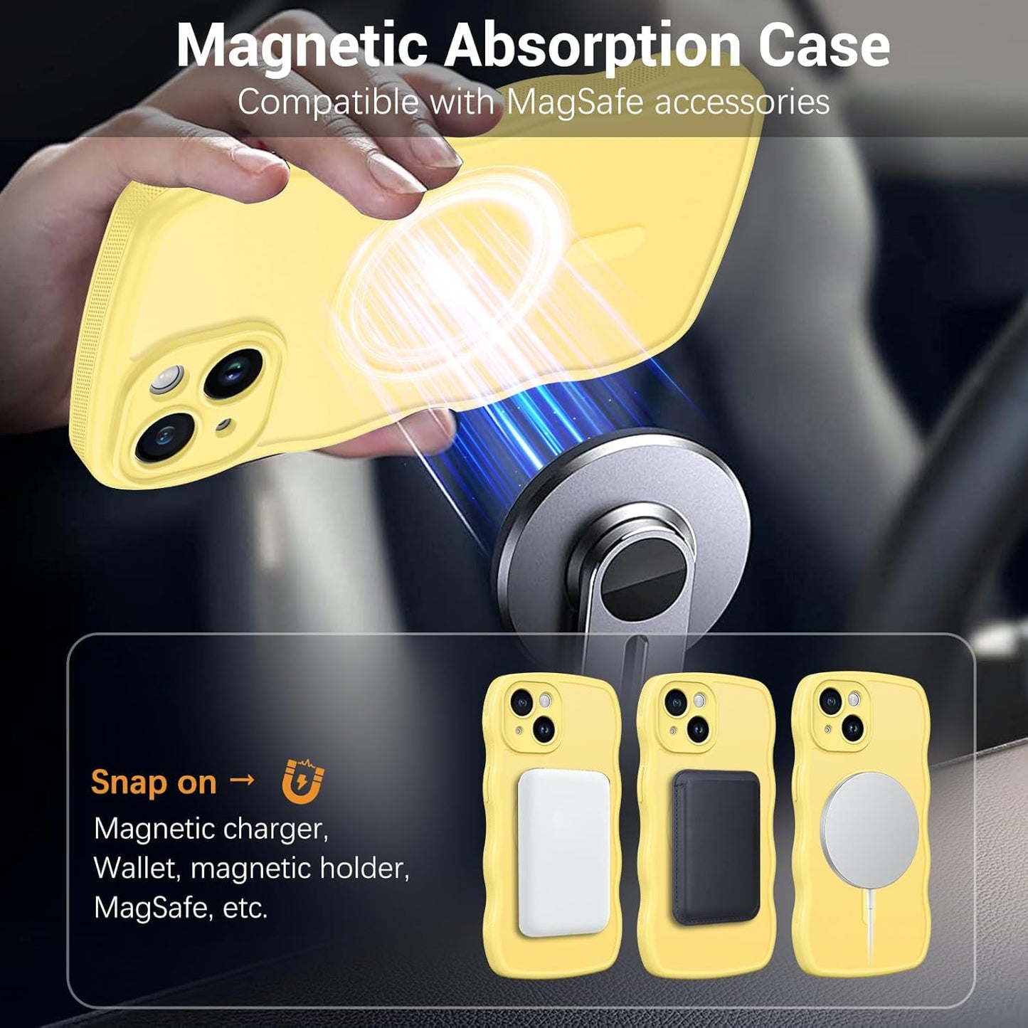 Compatible with iPhone 15 Case, [Compatible with Magsafe] Non-Slip Easier Grip Curly Wavy Frame Design Shockproof Protective Bumper Cute Magnetic Phone Cover for iPhone 15 6.1", Lemon Yellow