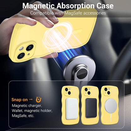 Compatible with iPhone 15 Case, [Compatible with Magsafe] Non-Slip Easier Grip Curly Wavy Frame Design Shockproof Protective Bumper Cute Magnetic Phone Cover for iPhone 15 6.1", Lemon Yellow