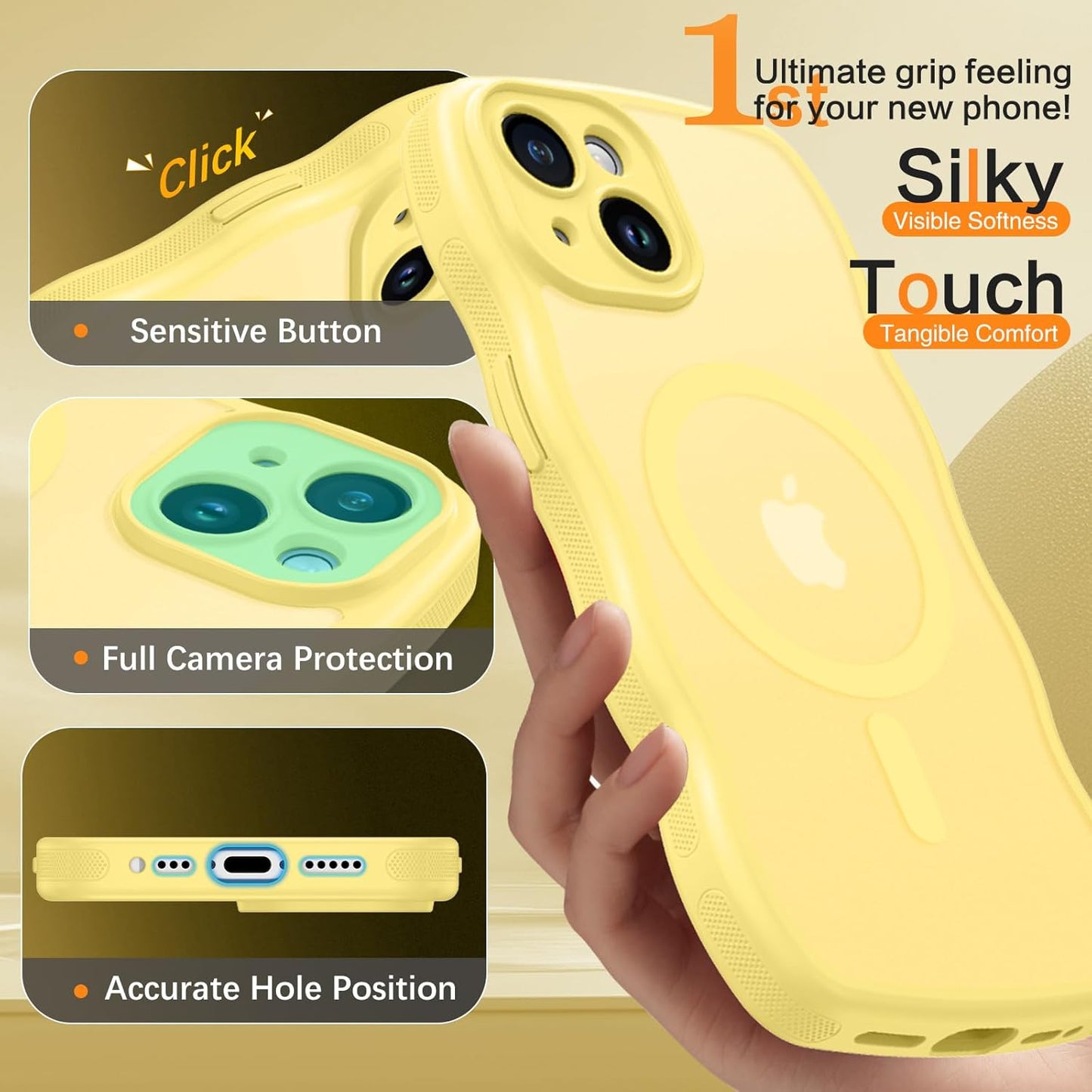 Compatible with iPhone 15 Case, [Compatible with Magsafe] Non-Slip Easier Grip Curly Wavy Frame Design Shockproof Protective Bumper Cute Magnetic Phone Cover for iPhone 15 6.1", Lemon Yellow