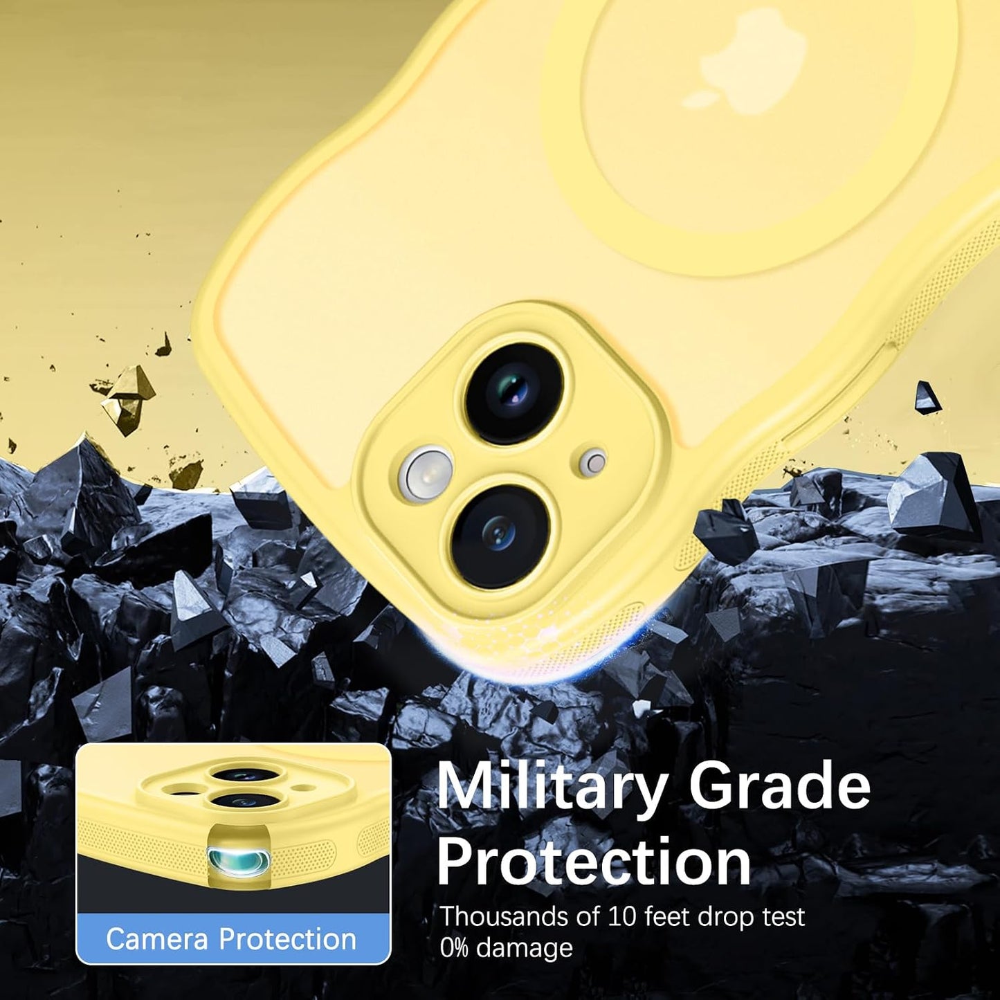 Compatible with iPhone 15 Case, [Compatible with Magsafe] Non-Slip Easier Grip Curly Wavy Frame Design Shockproof Protective Bumper Cute Magnetic Phone Cover for iPhone 15 6.1", Lemon Yellow