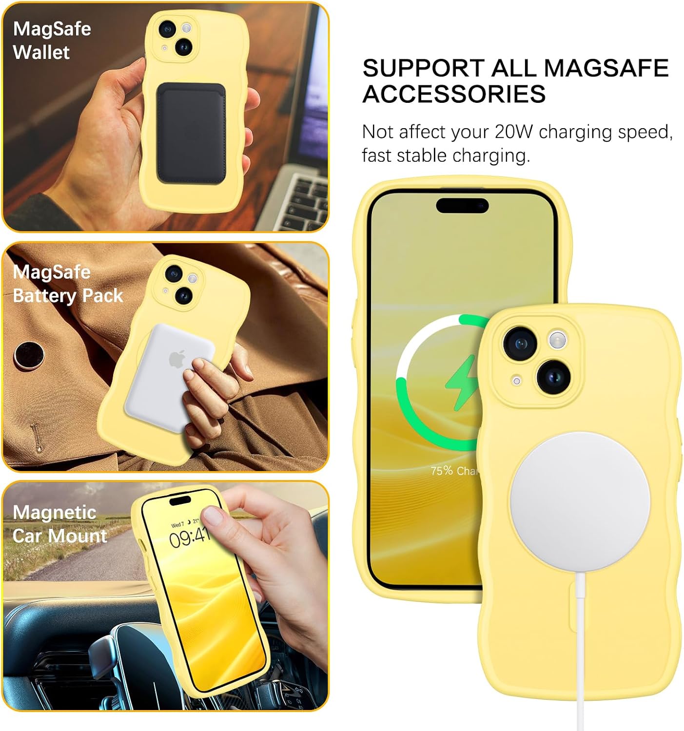 Compatible with iPhone 15 Case, [Compatible with Magsafe] Non-Slip Easier Grip Curly Wavy Frame Design Shockproof Protective Bumper Cute Magnetic Phone Cover for iPhone 15 6.1", Lemon Yellow