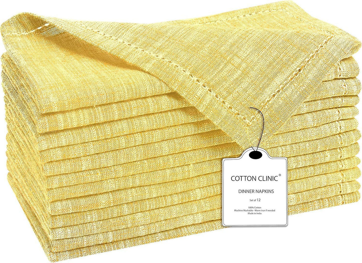 12 Pack Farmhouse Style Slub Textured 18x18 Cloth Dinner Napkins, 100% Cotton for Everyday Use and Events - Soft and Durable Cocktail Napkins, Wedding Dinner Napkins, Yellow