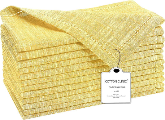 12 Pack Farmhouse Style Slub Textured 18x18 Cloth Dinner Napkins, 100% Cotton for Everyday Use and Events - Soft and Durable Cocktail Napkins, Wedding Dinner Napkins, Yellow