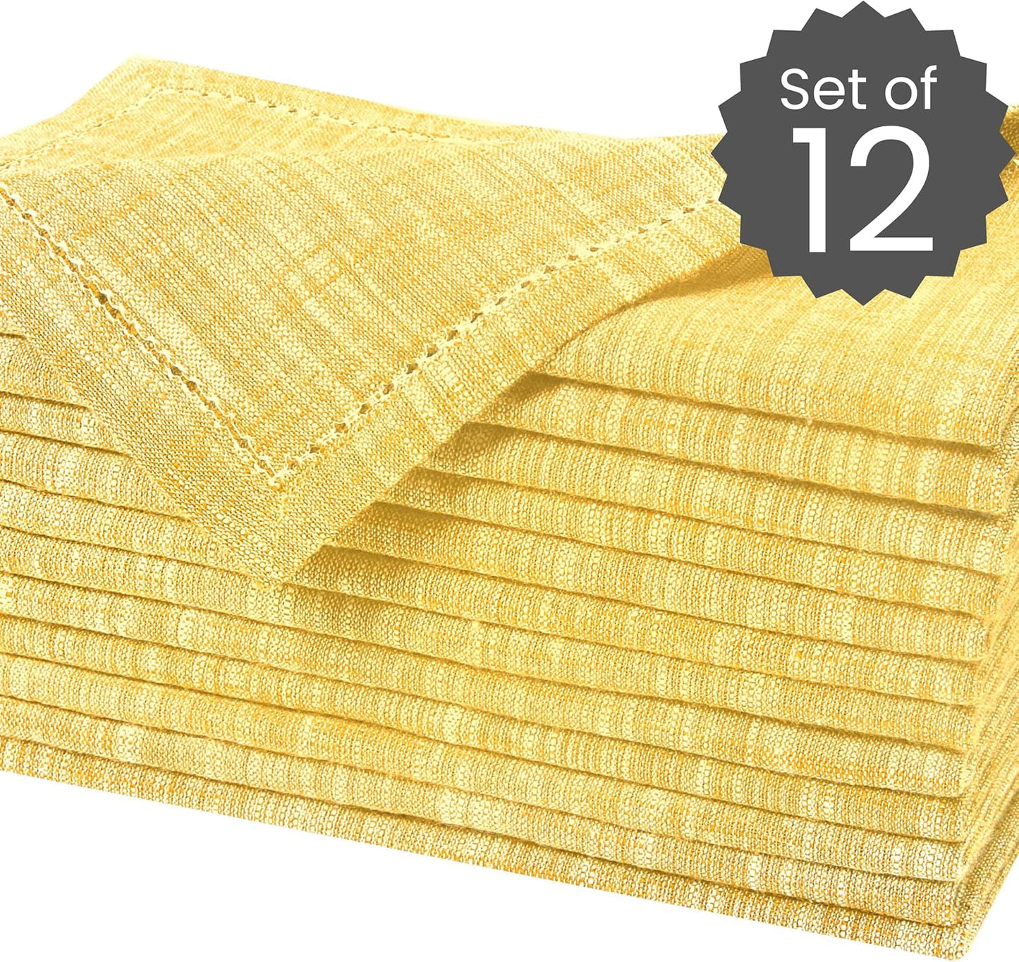 12 Pack Farmhouse Style Slub Textured 18x18 Cloth Dinner Napkins, 100% Cotton for Everyday Use and Events - Soft and Durable Cocktail Napkins, Wedding Dinner Napkins, Yellow