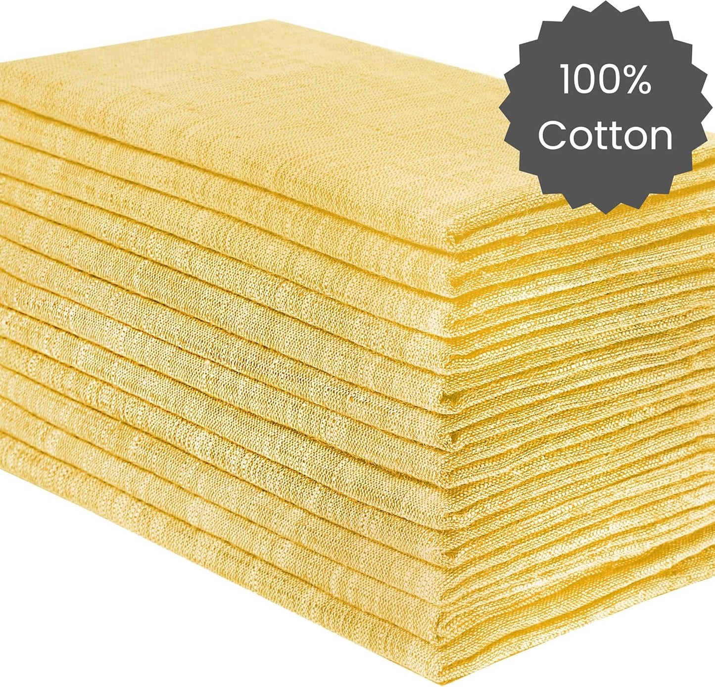 12 Pack Farmhouse Style Slub Textured 18x18 Cloth Dinner Napkins, 100% Cotton for Everyday Use and Events - Soft and Durable Cocktail Napkins, Wedding Dinner Napkins, Yellow
