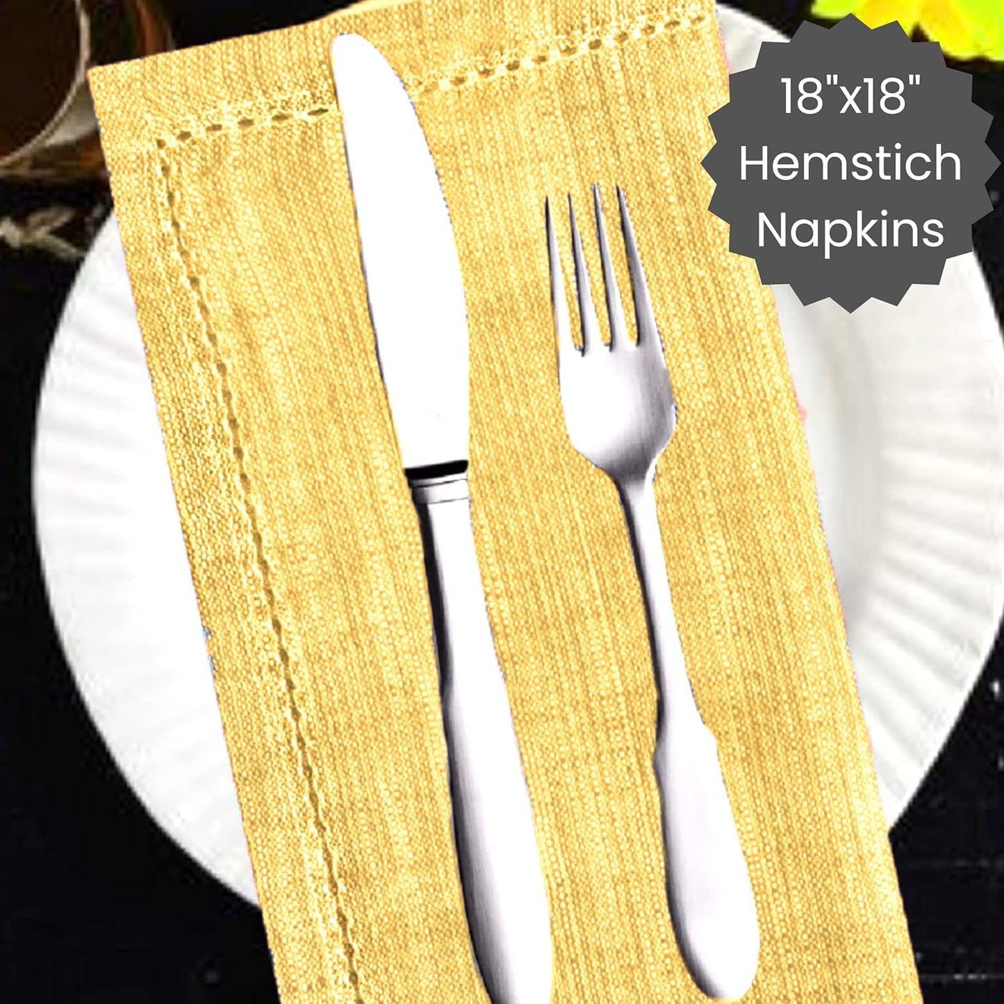 12 Pack Farmhouse Style Slub Textured 18x18 Cloth Dinner Napkins, 100% Cotton for Everyday Use and Events - Soft and Durable Cocktail Napkins, Wedding Dinner Napkins, Yellow