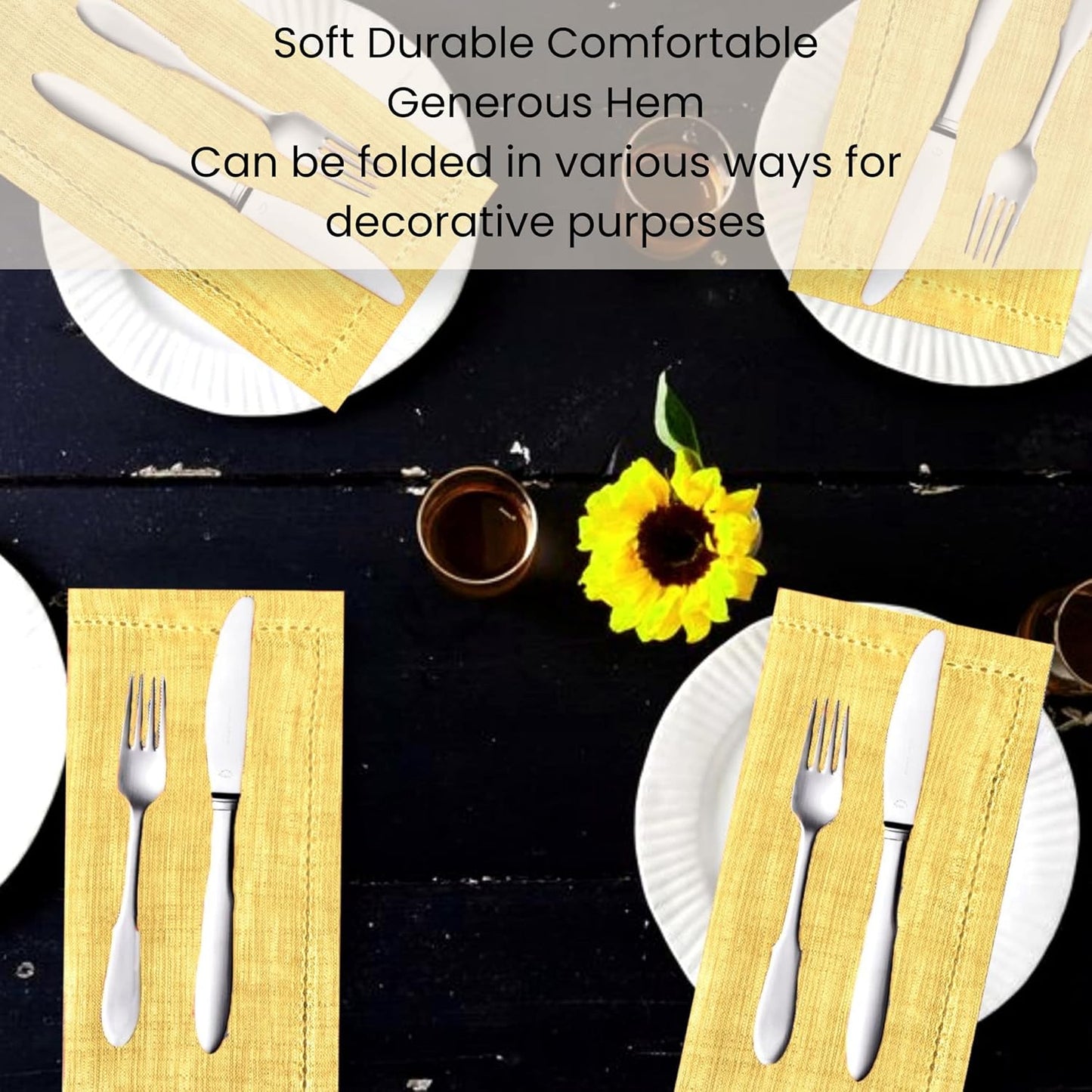 12 Pack Farmhouse Style Slub Textured 18x18 Cloth Dinner Napkins, 100% Cotton for Everyday Use and Events - Soft and Durable Cocktail Napkins, Wedding Dinner Napkins, Yellow
