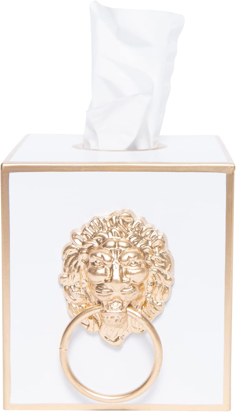 Tissue Holder White Square Metal Gold Cube Cover, Lion Motif | Matte Hand-Painted Finish, Fits Facial Boxes, Footed Regency Style, Open Bottom, Nursery Vanity