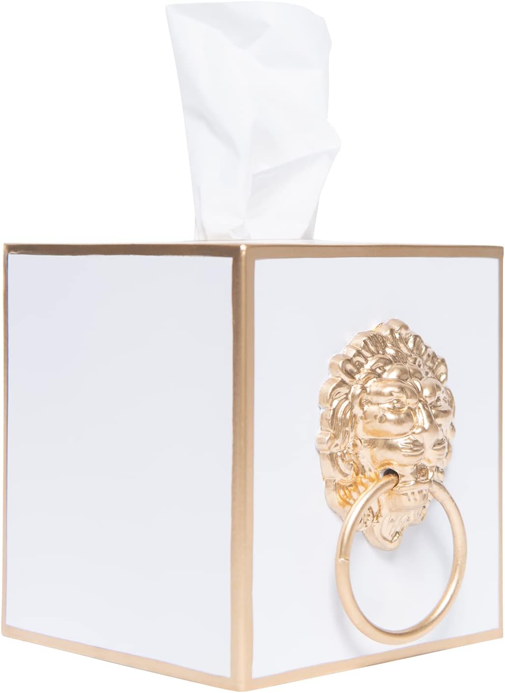Tissue Holder White Square Metal Gold Cube Cover, Lion Motif | Matte Hand-Painted Finish, Fits Facial Boxes, Footed Regency Style, Open Bottom, Nursery Vanity