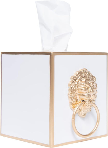 Tissue Holder White Square Metal Gold Cube Cover, Lion Motif | Matte Hand-Painted Finish, Fits Facial Boxes, Footed Regency Style, Open Bottom, Nursery Vanity