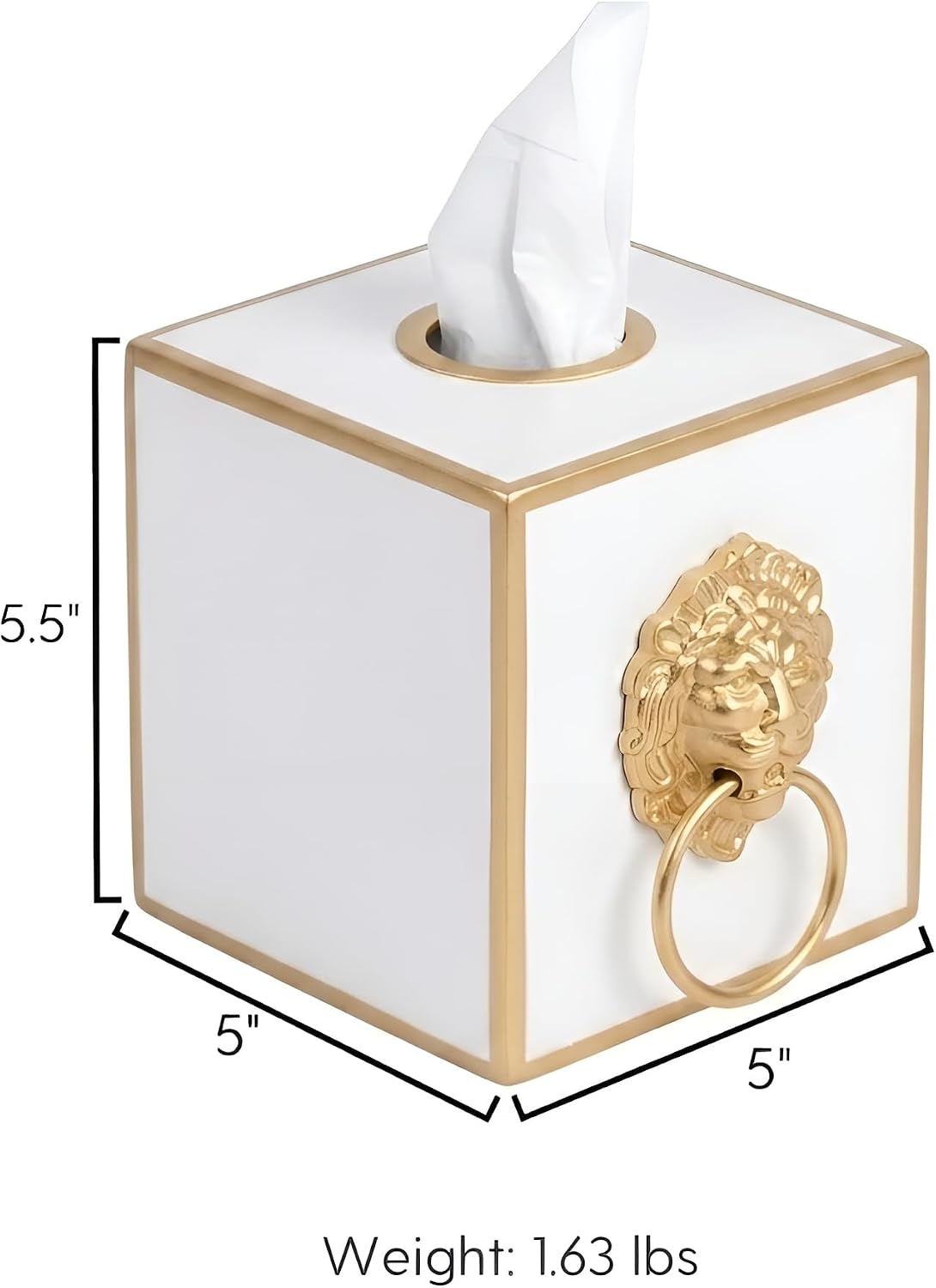Tissue Holder White Square Metal Gold Cube Cover, Lion Motif | Matte Hand-Painted Finish, Fits Facial Boxes, Footed Regency Style, Open Bottom, Nursery Vanity